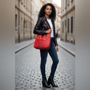 Michael kors Red Leather Tassel Hobo Bag with Gold Hardware bucket bag